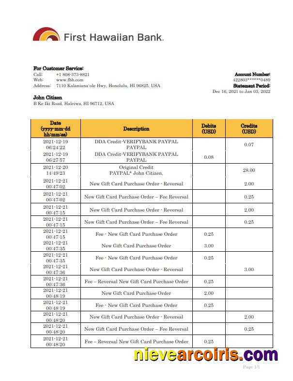 Hawaii First Hawaiian Bank statement bank statement in Word and PDF format